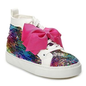Reversible Sequins in Rainbow & Silver High Tops Sneakers Shoes with Pink Bow